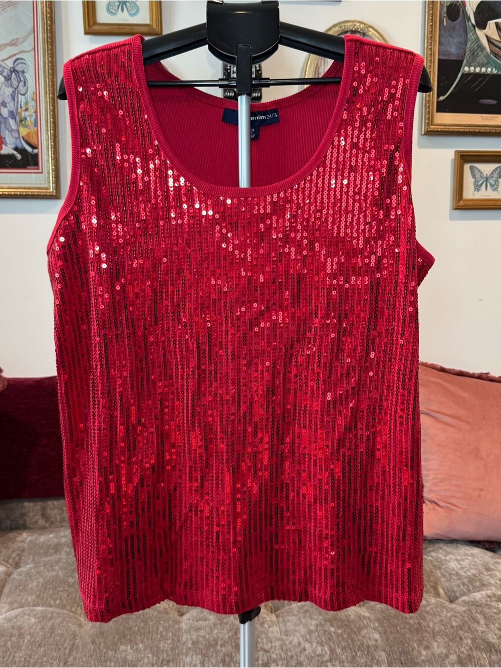 Denim 24/7 Red Sequin Scoop Neck Tank Top